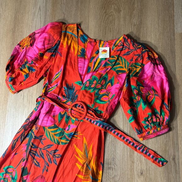 Farm Rio Belted Floral Maxi Dress size S small red pink v-neck puff sleeve - Picture 8 of 12